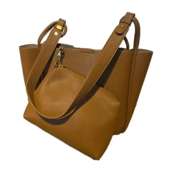 Antik Kraft Soft Vegan Shoulder Tote Detachable Pouch Brown Snap Closure - Picture 1 of 11